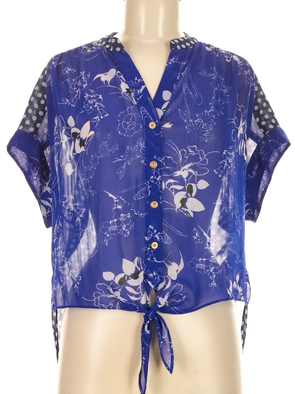Anthropologie Leifnotes Blue Polka Dot Floral Silky Overlay Top Boho Retro 14
